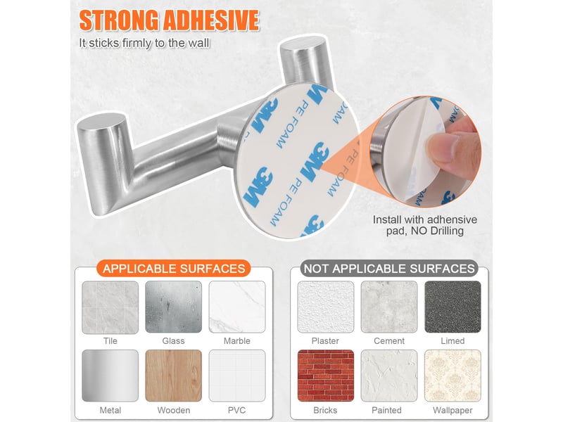  Double crochet adhésif muraux, 2 pièces porte serviette salle de bain, acier inoxydable, accroche torchon cuisine, manteau mural sans perçage, gris  - Conforama E