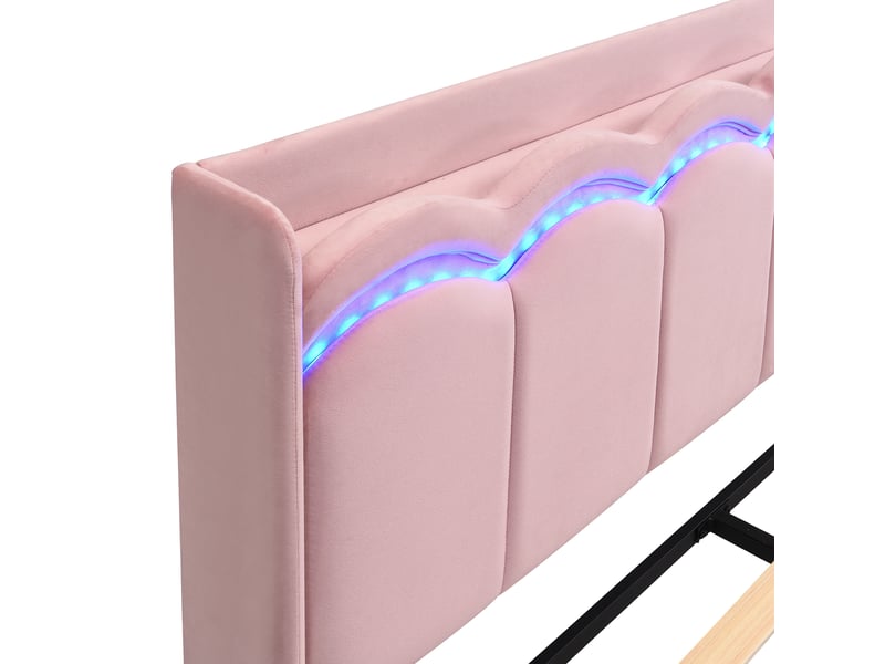  Lit enfant 140x200 cm en velours rose, tête de lit ondulée, led par application et 2 tiroirs, sans matelas  - Conforama D