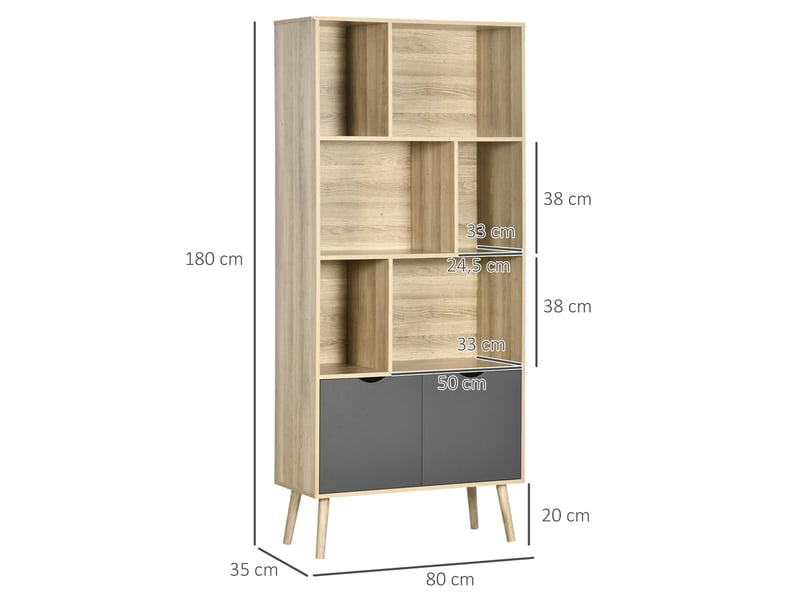  Bibliothèque étagère meuble de rangement placard 6 étagères dim. 80l x 35l x 180h cm naturel et gris foncé  - Conforama E