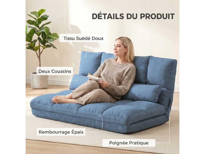  Chauffeuse matelas d'appoint pliant convertible - 2 coussins inclus, bleu - inclinaison dossier réglable 14 positions  - Conforama R