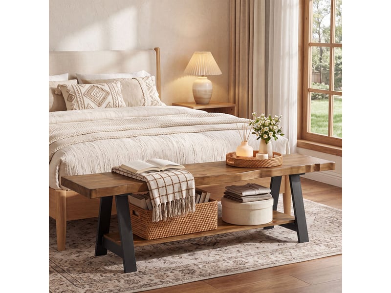  Banc à chaussures en bois massif avec bord naturel et 2 étagères, 160 cm, pour l'entrée  - Conforama E