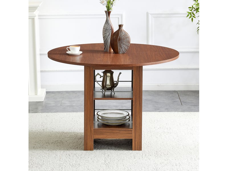 Table de salle à manger ronde, 100x100x76 cm, moderne espace de rangement, plateau mdf, piètement métal, coloris noyer  - Conforama D