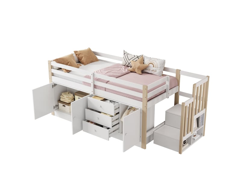 Lit superposé enfant - 90x200 cm - escalier, penderie, tiroirs - lit superposé - multifonction avec rangement blanc - Conforama A