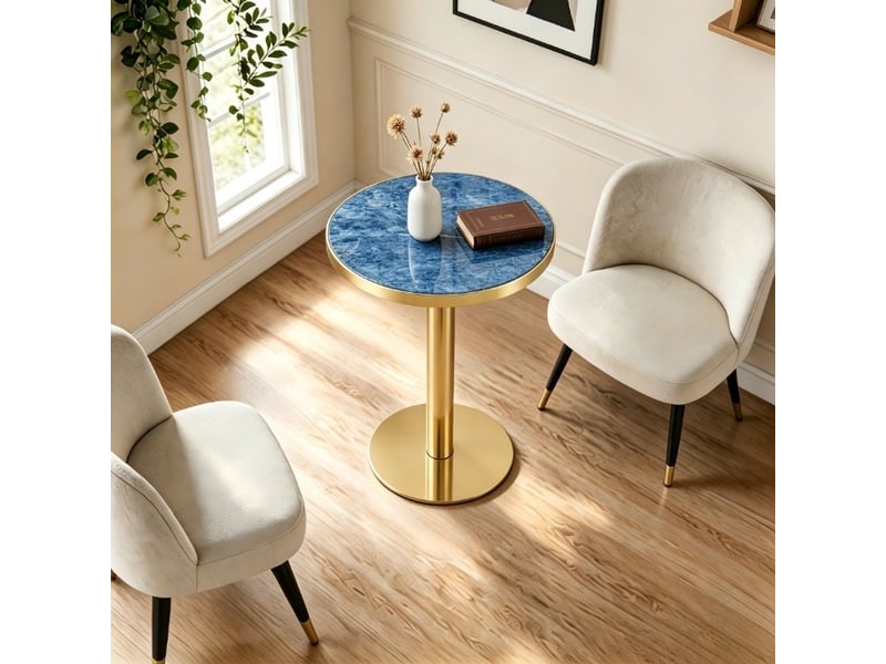  Table d’appoint ronde,60x60x73,7 cm,avec piètement métal doré,mdf,effet marbre bleu  - Conforama E