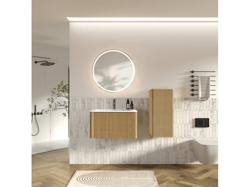  Meuble sous vasque suspendu avec lavabo, colonne et miroir led réglable antibuée pour salle de bain en mdf chêne  - Conforama D