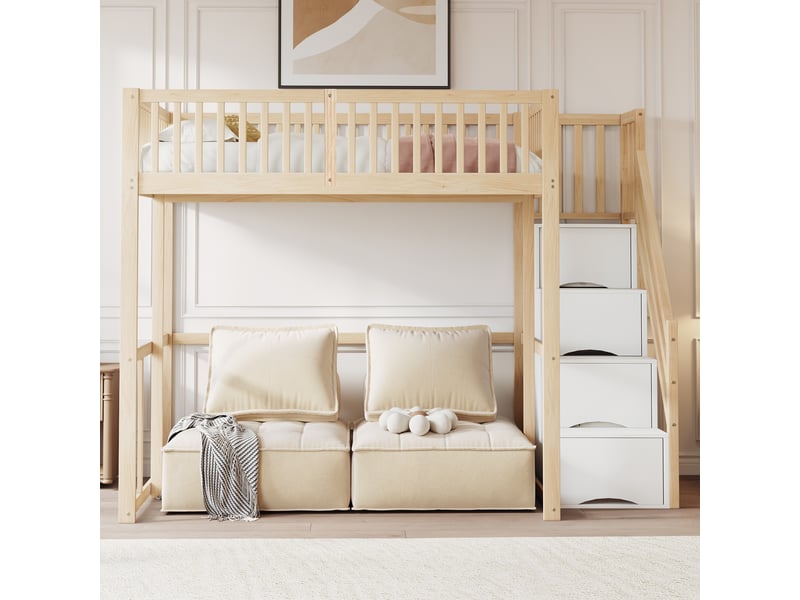  Lit mezzanine 140x200 cm avec échelle de rangement, cadre de lit adulte en pin avec sommier à lattes, lit double, bois naturel  - Conforama C