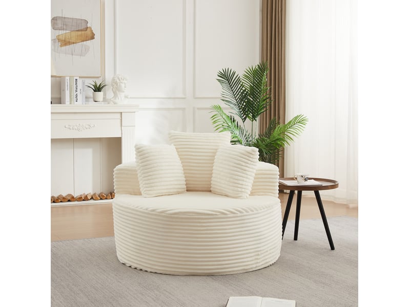  Fauteuil relax rond avec accoudoirs larges et 3 coussins, design minimaliste, en velours côtelé beige  - Conforama B
