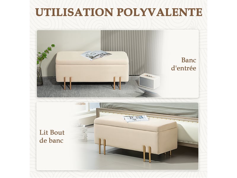  Banc de rangement coffre de rangement design contemporain - espace de rangement velours beige métal piètement doré  - Conforama R