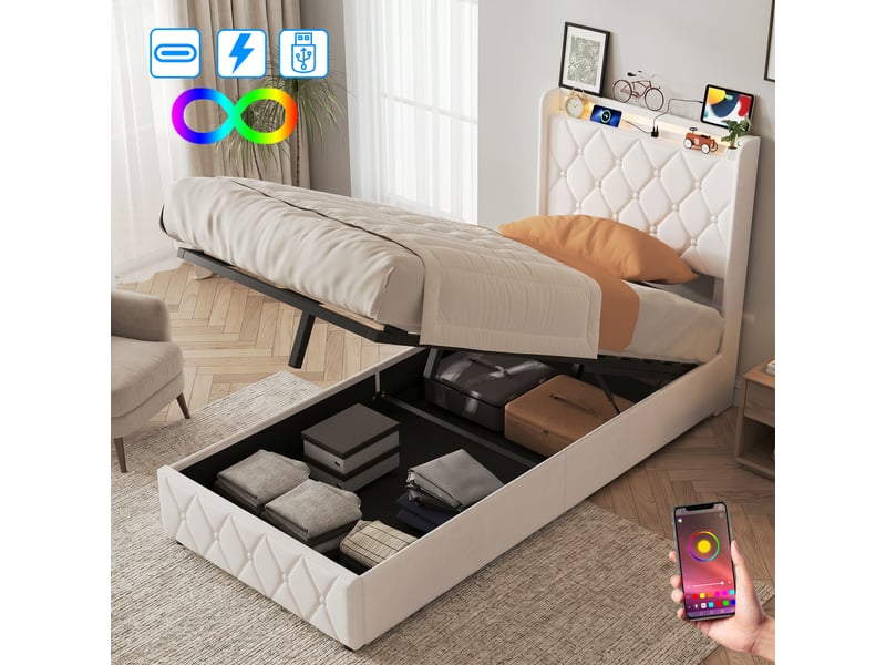  Lit simple 90x200 cm avec led,usb et type-c, lit enfant adolescent moderne, tête de lit rembourrée, velours beige  - Conforama B