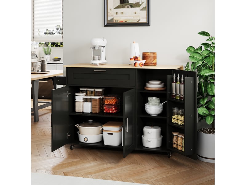  Desserte de cuisine 132,5 x 44 x 90 cm noire et naturelle en mdf, plan de travail rabattable et mobile  - Conforama B