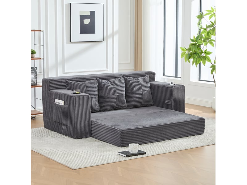  Canapé modulable 3 places modenvie gris en velours côtelé avec porte-gobelets et poches latérales  - Conforama B