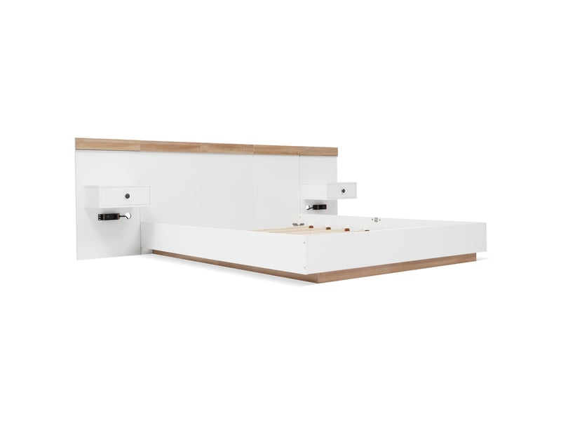  Ensemble lit double 180x200 cm chêne sonoma blanc 2 chevets led ports usb sans matelas  - Conforama A