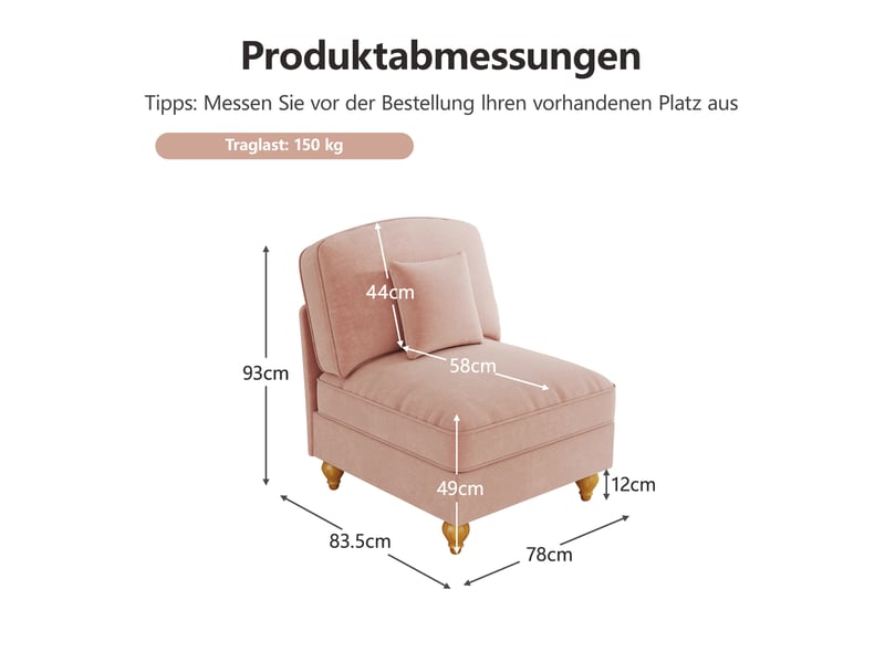 Windsor-sofa ohne armlehne chenille mit 1 kissen - rosa - Conforama E