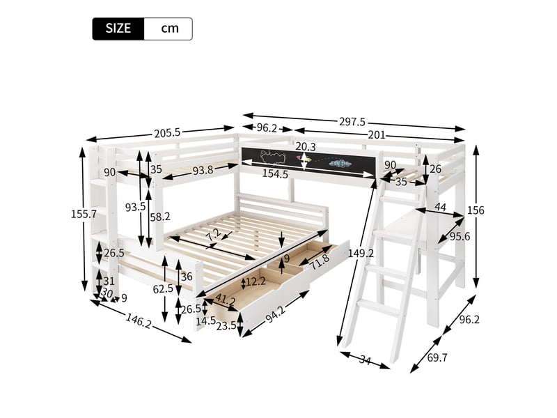  Lit enfant 90140x200cm,lit superposé triple en pin avec tableau noir,bureau,échelle et garde-corps,blanc lit enfant blanc - Conforama C