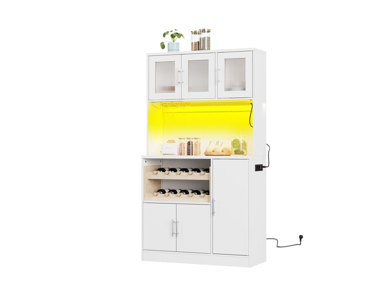 Meuble de cuisine muvano blanc, buffet haut avec portes en verre strié et éclairage rgb - Conforama A