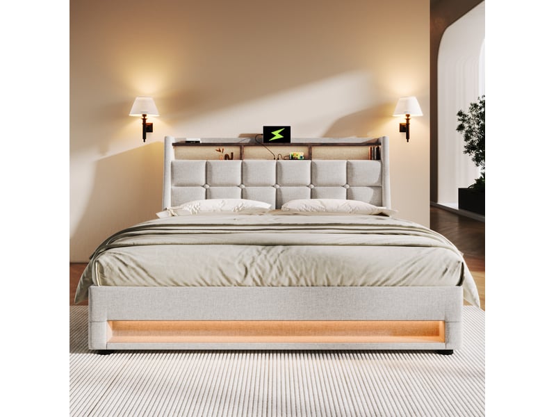  Modenvie lit coffre 180x200 cm - avec led, ports usb et rangement, sans matelas - beige  - Conforama D