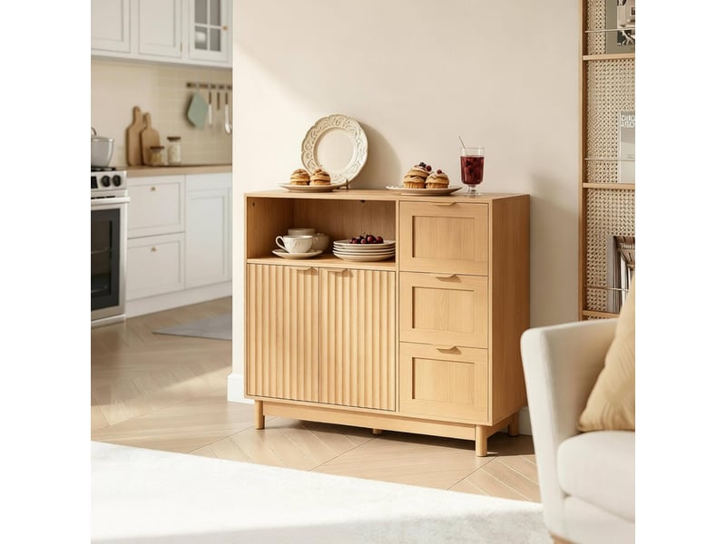  Buffet modenvie en effet bois 90 x 35 x 80 cm avec 3 tiroirs, 2 portes, niche ouverte, panneaux de particules et mdf  - Conforama D