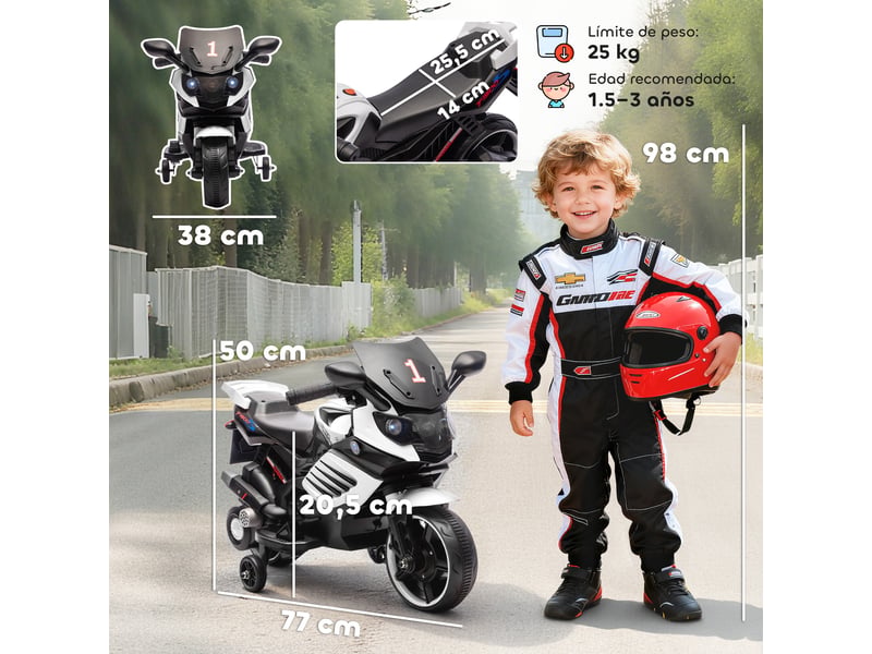 Moto électrique 6v pour enfants avec stabilisateurs, musique et phare, pour enfants de 45 à 90 cm (18 à 36 pouces), blanche  - Conforama E