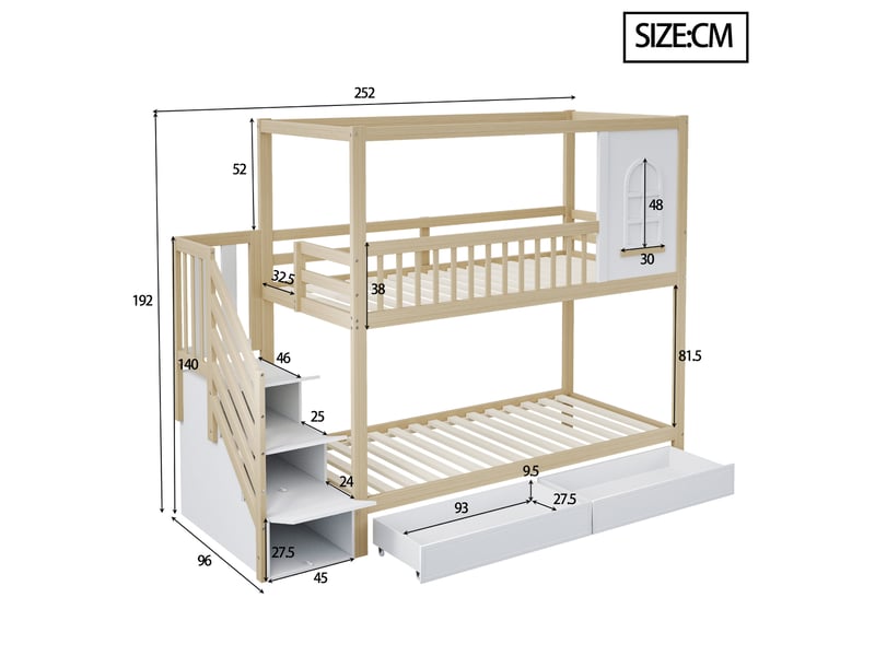  Modenvie lit superposé enfant 90x200 cm - avec tiroirs de rangement et echelle securisee - naturel  - Conforama C