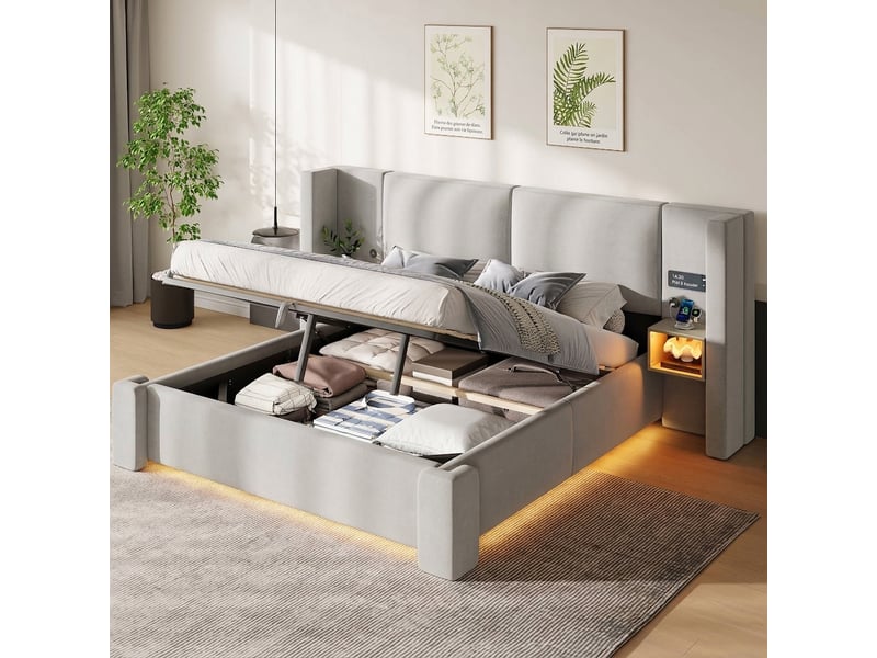  Lit coffre 180x200 beige avec rangement hydraulique et led intégrée sans matelas  - Conforama D