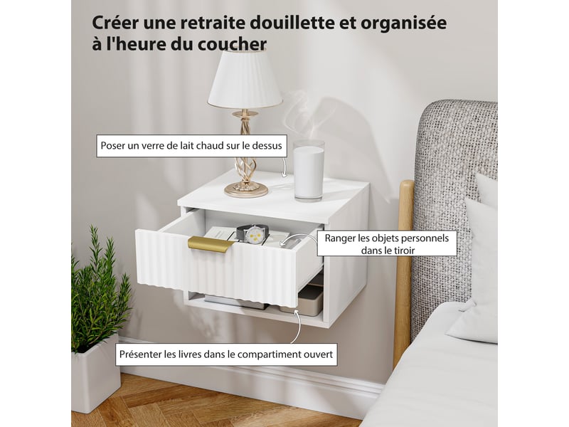  Lot de 2 tables de chevet suspendues, tables de nuit murales avec tiroir et niche, moderne, blanc, 40x34x29cm  - Conforama E