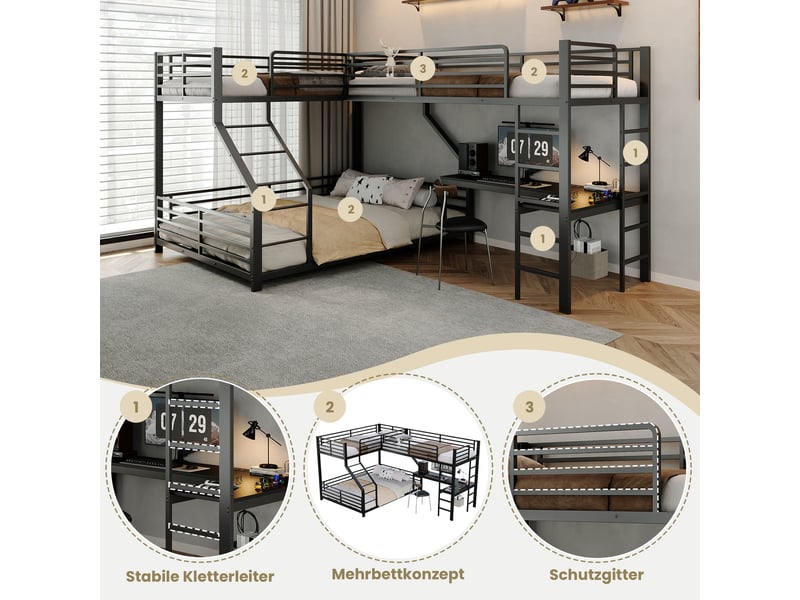 Lit superposé métal 90x200 cm et 140x200 cm - trois couchages - cadre en métal - bureau intégré - prises usb et type-c - sans matelas - mdf - noir CozyNest - Conforama E