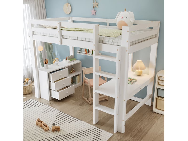 Lit mezzanine avec bureau 90 x 200 cm bureau intégré meuble à tiroirs étagère de rangement échelle à quatre marches pin et mdf blanc  - Conforama B