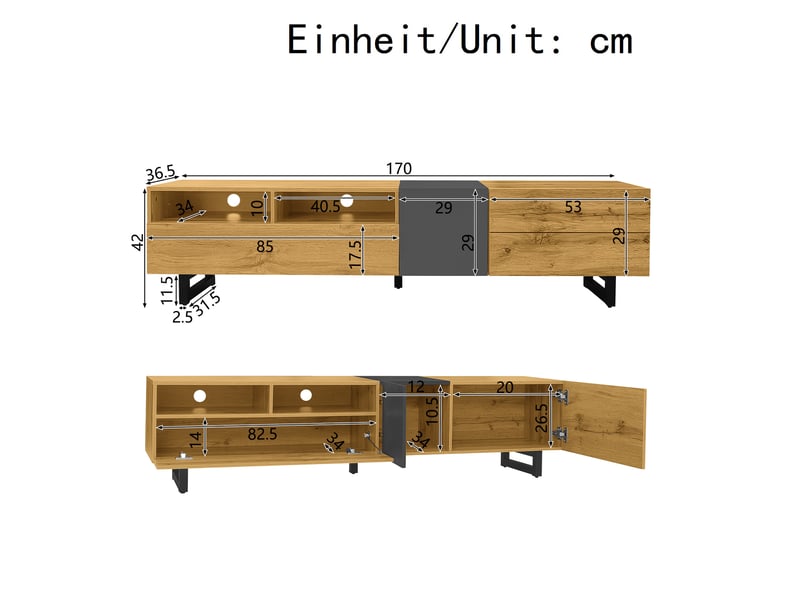  Meuble tv 170 cm avec 3 portes et 2 niches ouvertes, pieds en métal, décor bois et gris foncé  - Conforama C