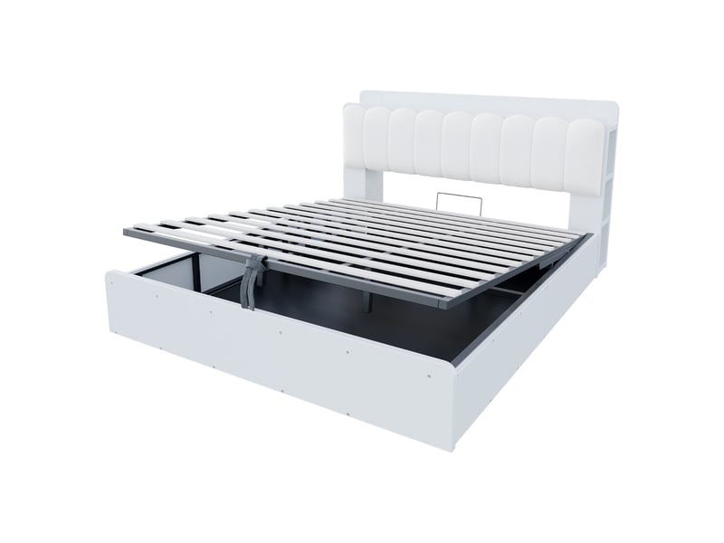  Lit coffre 180x200 cm – lit double 180x200 cm - avec sommier hydraulique, tête de lit capitonnée, niches de rangement et ports usb – bois - blanc  - Conforama A