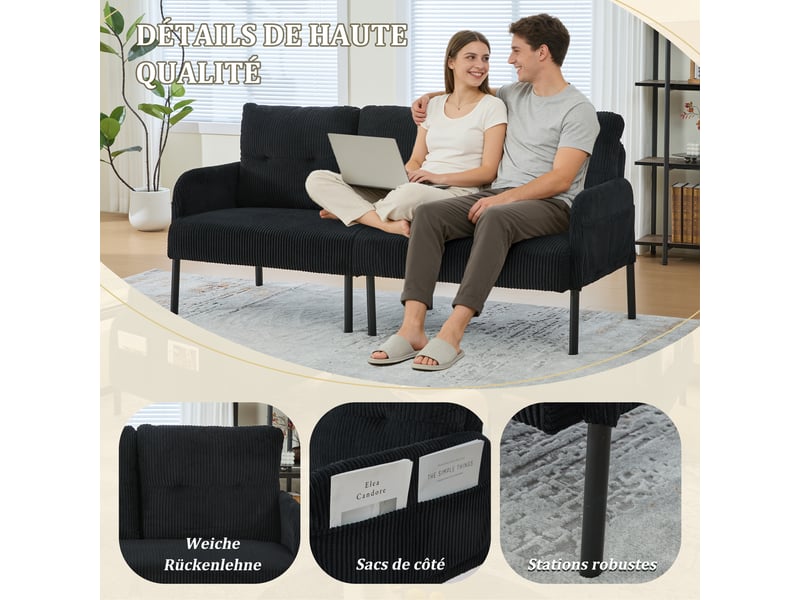 Canapé droit 3 places en velours côtelé noir 171x72x80 cm avec poches latérales, dossier haut, salon bureau chambre 171x72x80cm - Conforama R