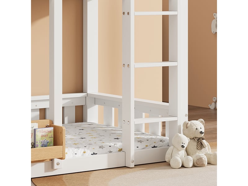  Lit superposé enfant 90x200 cm - avec échelle et des garde-corps - avec rayonnage de stockage - blanc + naturel (sans matelas)  - Conforama W