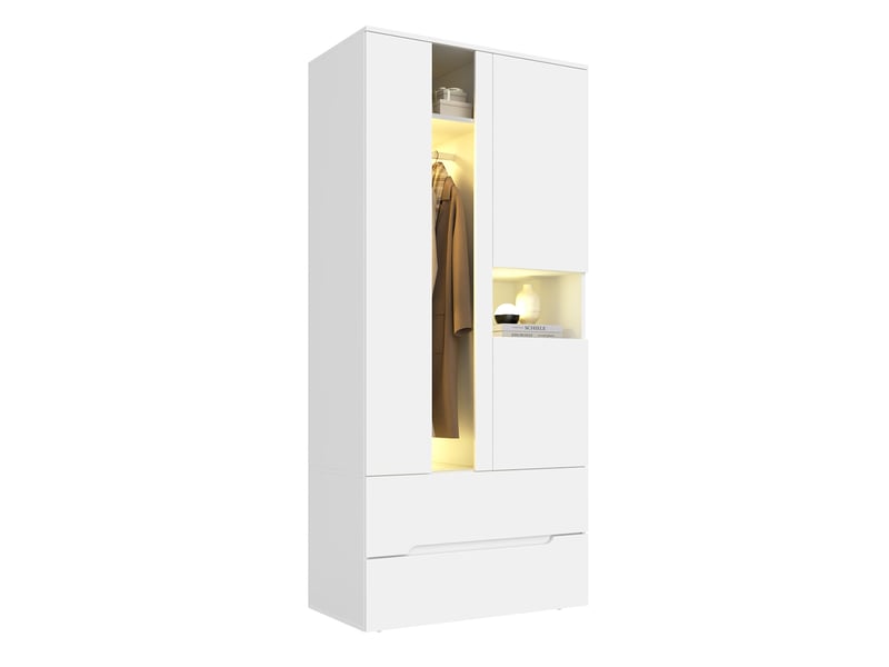  Armoire battante 90x50x200 cm avec led, 3 portes, 2 tiroirs, 6 compartiments, mdf et métal, blanc, rangement chambre  - Conforama A