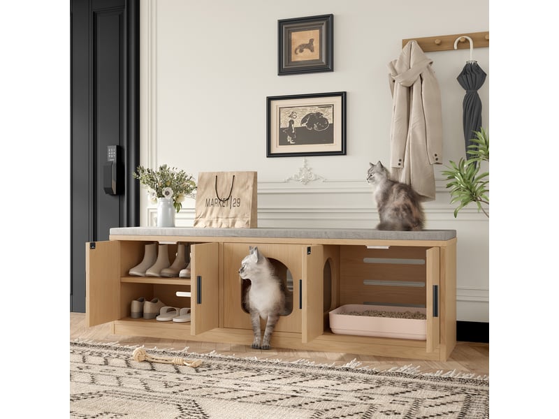 Meuble litière chat multifonction, banc d'entrée avec cache litière en chêne 140 cm, étagères réglables, aération et griffoir - Conforama D