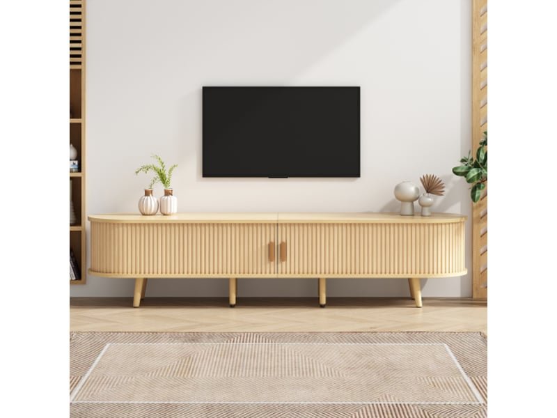  Meuble tv 175x40x42 cm, finition bois avec plateau rond, 2 tiroirs, capacité 30kg.  - Conforama R