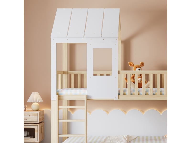 Lit superposé enfant 90x200 cm avec barrière et toboggan, lit cabane, protection antichute, cadre en pin, naturel blanc - Conforama C