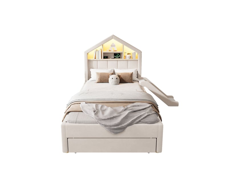  Lit simple 90 x 200 cm éclairage led lit maison rembourré toboggan réversible gauche ou droite finition beige port de charge étagère de tête de lit grand coffre de lit  - Conforama E