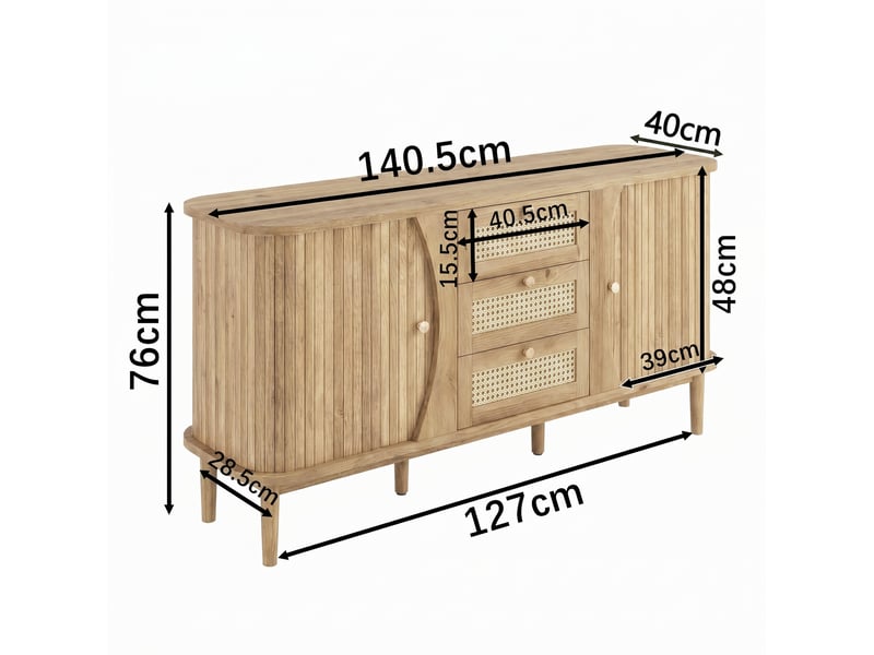  Buffet bas 2 portes coulissantes et 3 tiroirs en rotin coloris naturel 140,5 x 40 x 76 cm  - Conforama E