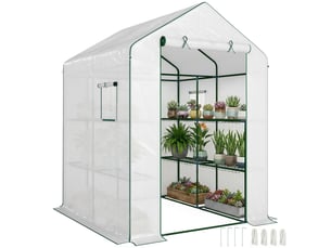 Serre de jardin avec 1 porte 2 fenêtres étagères 3 niveaux pour légumes plantes fleurs bâche pe 140 x 143 x 190 cm blanc