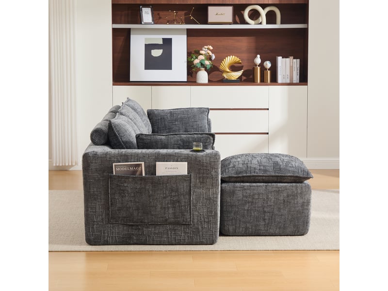  Canapé 3 places modulable gris foncé avec pouf - tissu chenille, porte-gobelet et poches  - Conforama W