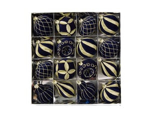 Lot de 16 boules de noël velours bleu foncé, 8cm – paillettes dorées, décoration pour sapin et fêtes
