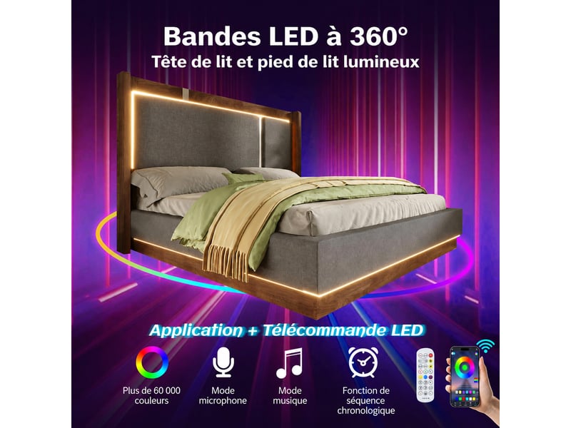  Lit coffre, lit simple en lin gris et bois noyer avec led et rangement hydraulique, 200×90 cm, sans matelas  - Conforama E