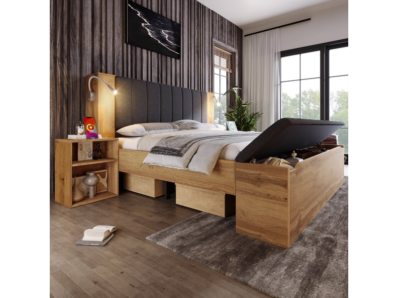 Lit 160x200 cm bois chêne avec matelas coffre tiroirs lampes usb  - Conforama B