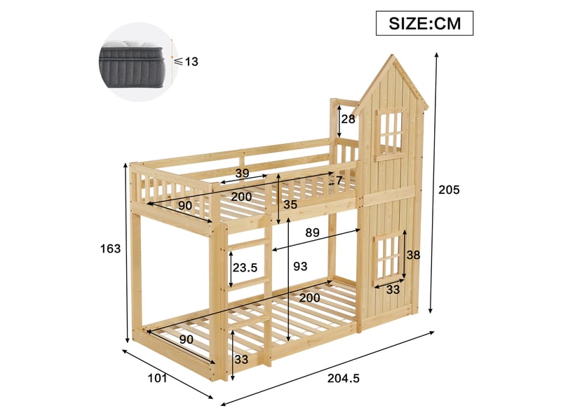  Lit superposé enfant 90x200 cm forme maison, escalier 3 marches, naturel  - Conforama C