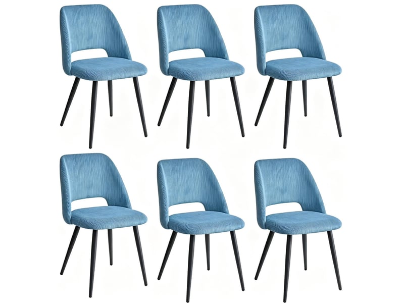  Chaise de salle à manger lot de 6 avec dossier ergonomique et pieds en métal noir, en tissu côtelé bleu  - Conforama A