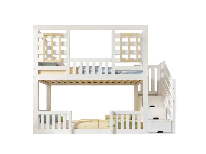  Lit superposé cabane 90x200 cm blanc avec escalier de rangement, lit enfant en bois avec fenêtres et sommier inclus  - Conforama A