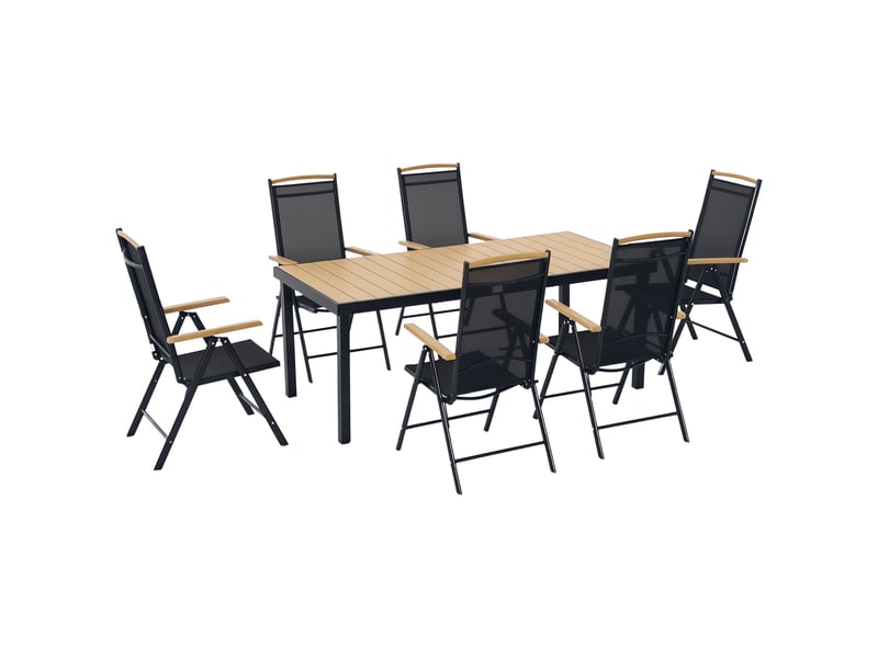  Salon de jardin extérieur 6 personnes, cadre en aluminium, table 190 cm, 6 chaises pliables et inclinables, noir  - Conforama A