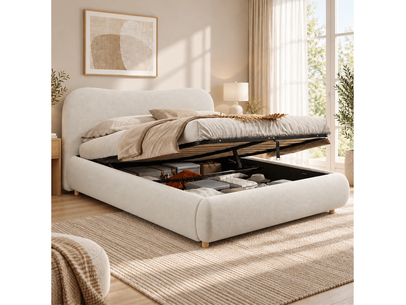  Lit coffre 180x200 hydraulique avec sommier et tête de lit bouclette homvra  - Conforama C