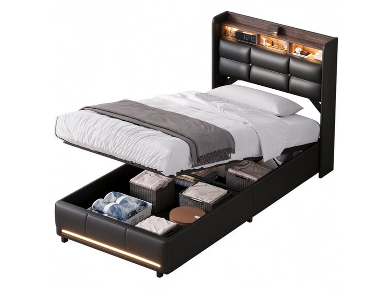  Lit coffre 90x200 cm, sommier à lattes, station de recharge, éclairage led rgb, tissu pu, pour adulte et enfant couleur noir  - Conforama A
