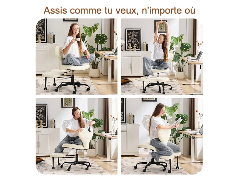  Chaise de bureau jambes croisées pivotante avec repose-pieds, simili cuir blanc, sans accoudoirs, 67x80x84 cm  - Conforama W