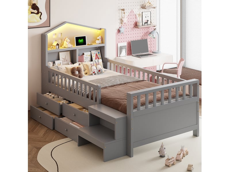  Modenvie lit enfant 90x200 cm - avec 4 tiroirs, led et ports usb-c, sommier inclus - gris  - Conforama B